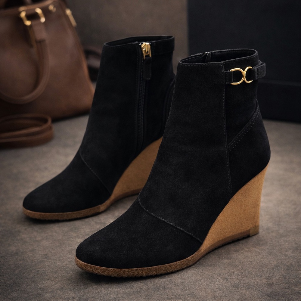 Chloe Black and Tan Wedge Ankle Boots - Picture 9 of 9